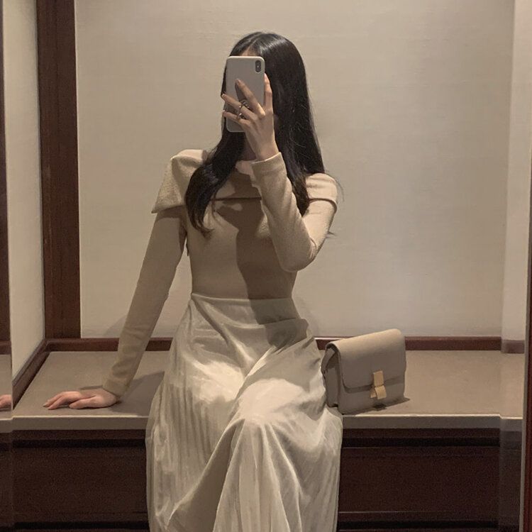 チュールドッキングオフショルダーニットワンピース｜ロングワンピース