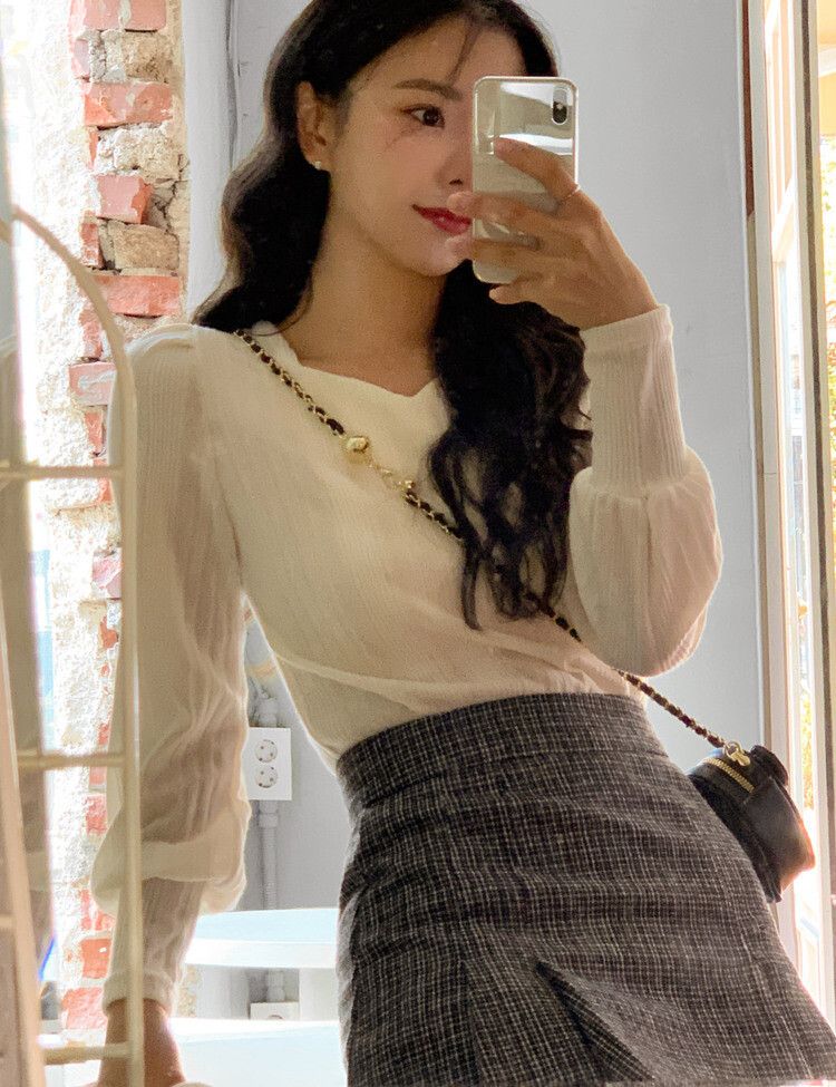 ハートネックパフ長袖Tシャツ5色 アイボリー