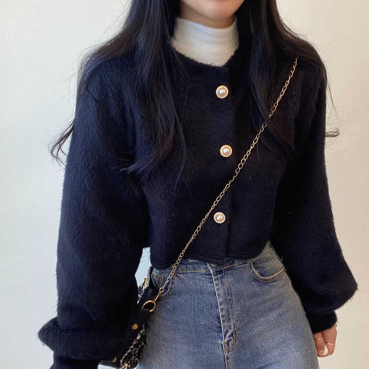 パールボタンクロップカーディガン BLACK