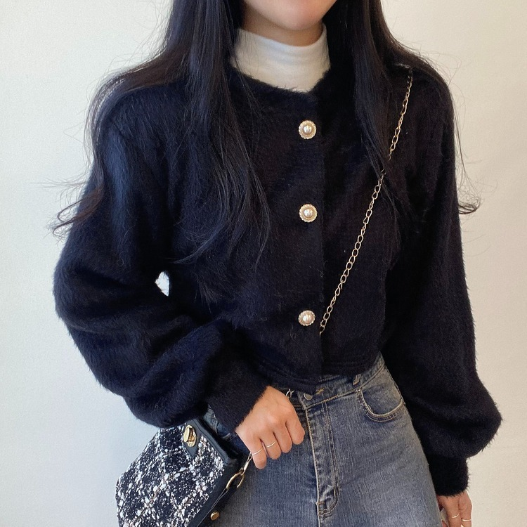 パールボタンクロップカーディガン BLACK