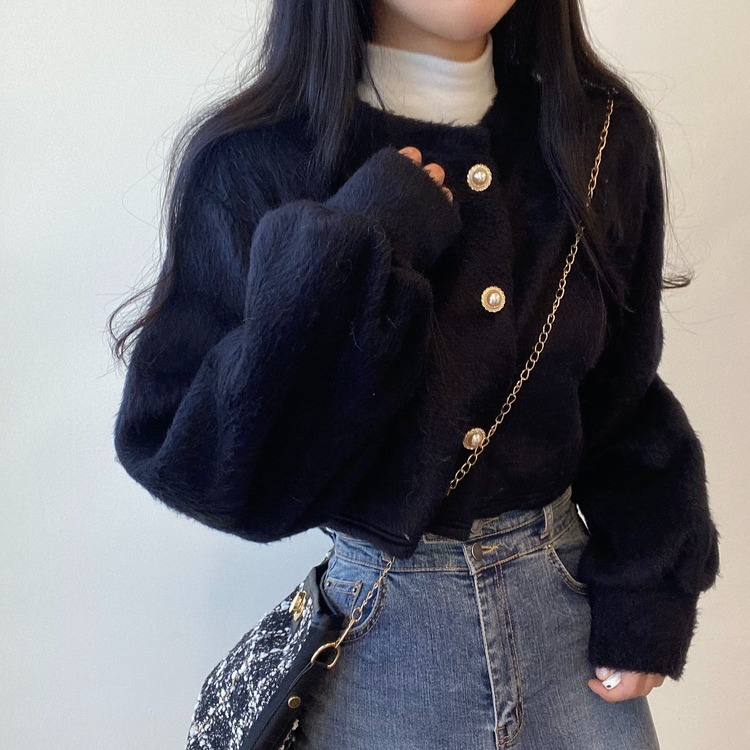 パールボタンクロップカーディガン BLACK