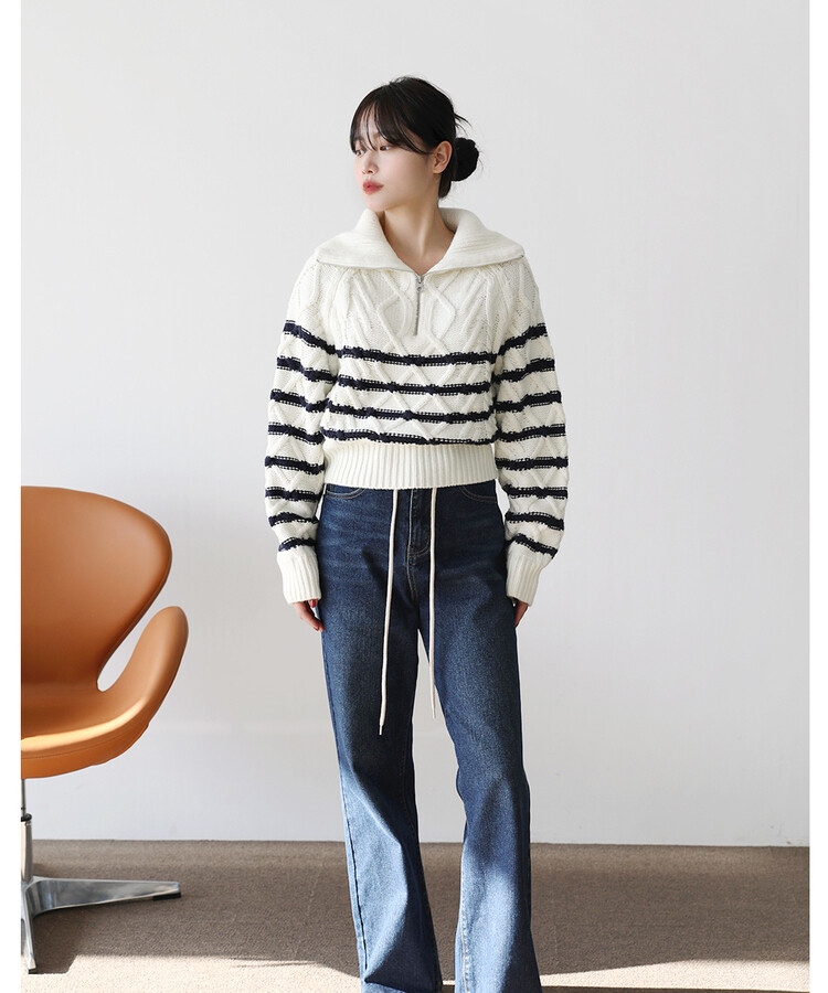 ストライプハーフジップアップニット｜ニット｜韓国ファッション