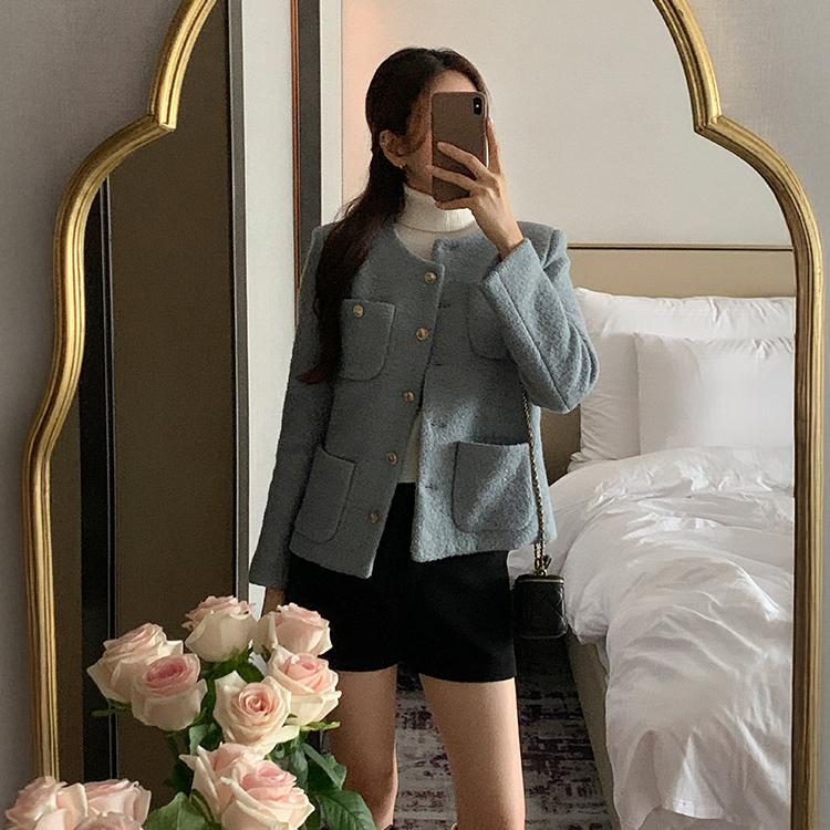 ノーカラーツイードジャケット SKYBLUE