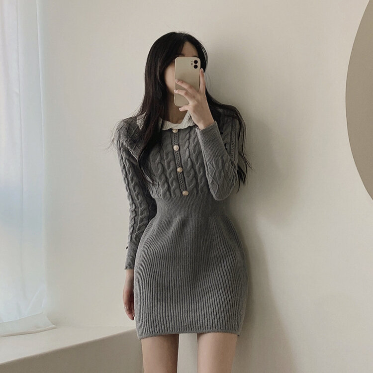 리본 카라 꽈배기 니트 미니원피스 2color 그레이
