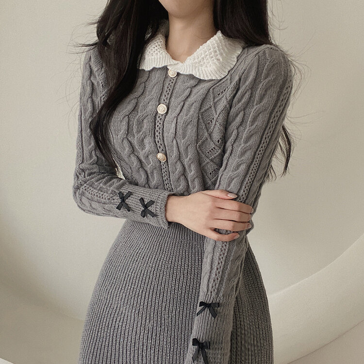 리본 카라 꽈배기 니트 미니원피스 2color 그레이