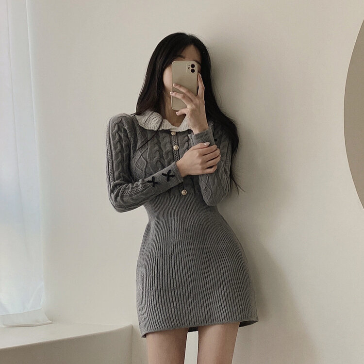 리본 카라 꽈배기 니트 미니원피스 2color 그레이