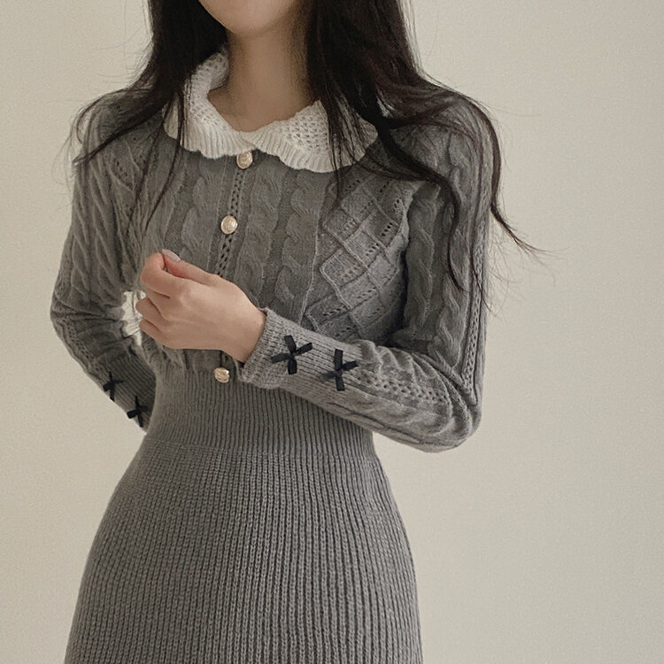 리본 카라 꽈배기 니트 미니원피스 2color 그레이