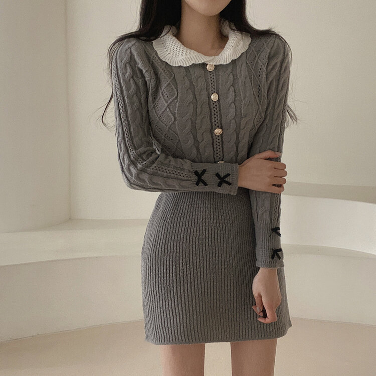 리본 카라 꽈배기 니트 미니원피스 2color 그레이