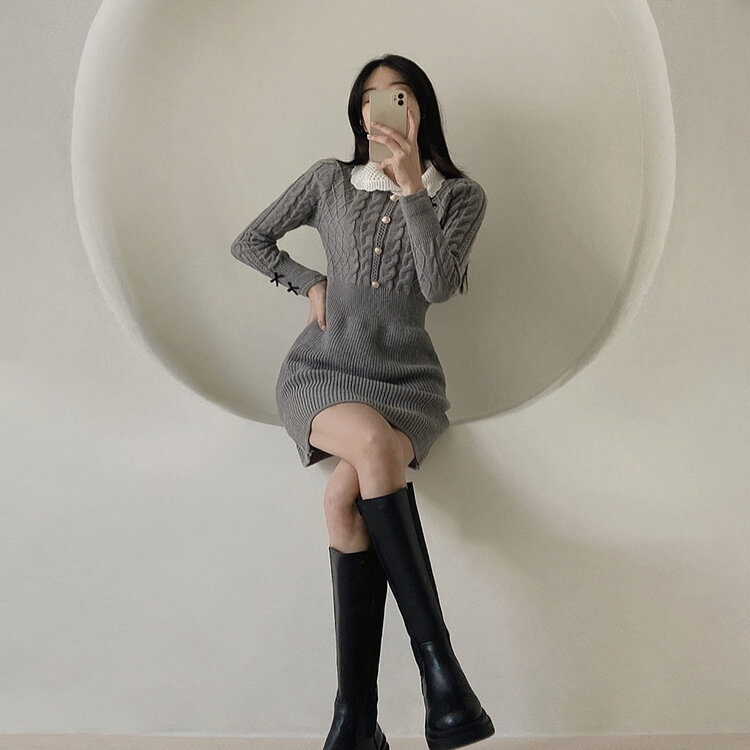 리본 카라 꽈배기 니트 미니원피스 2color 그레이