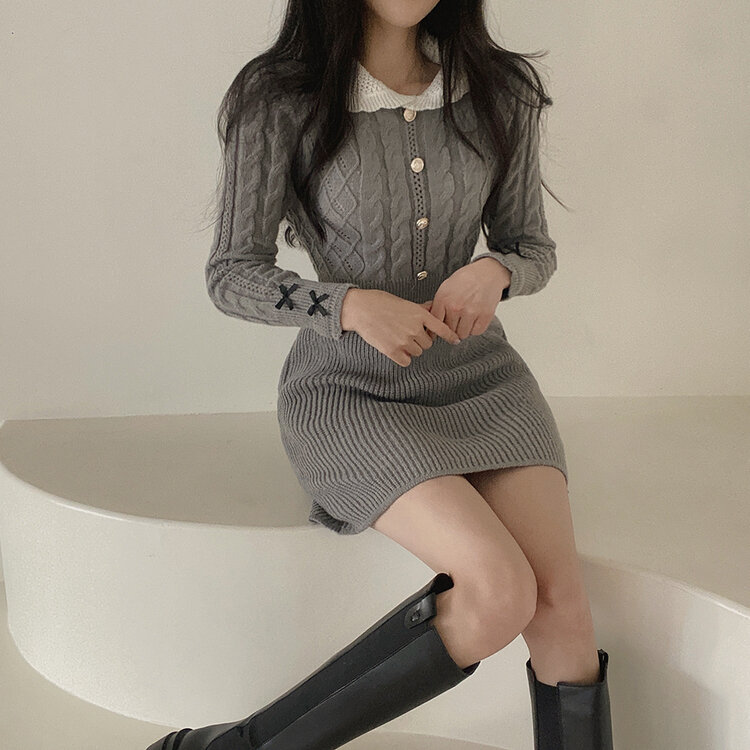 리본 카라 꽈배기 니트 미니원피스 2color 그레이