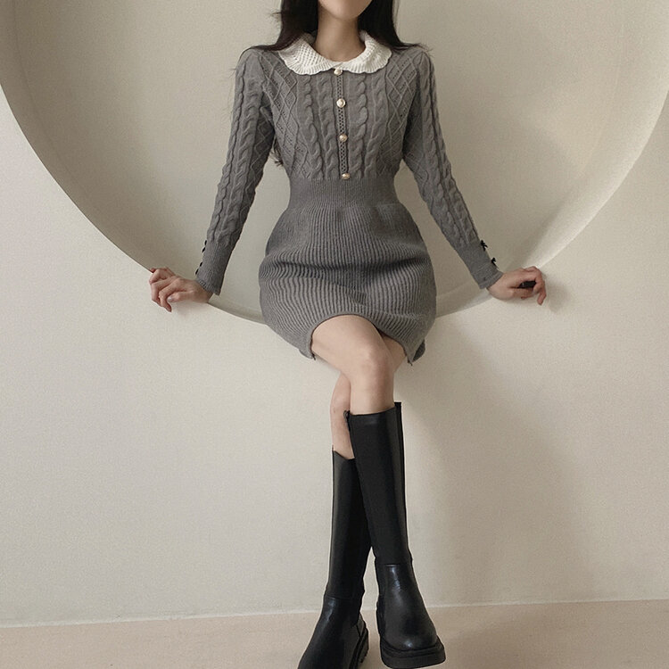 리본 카라 꽈배기 니트 미니원피스 2color 그레이