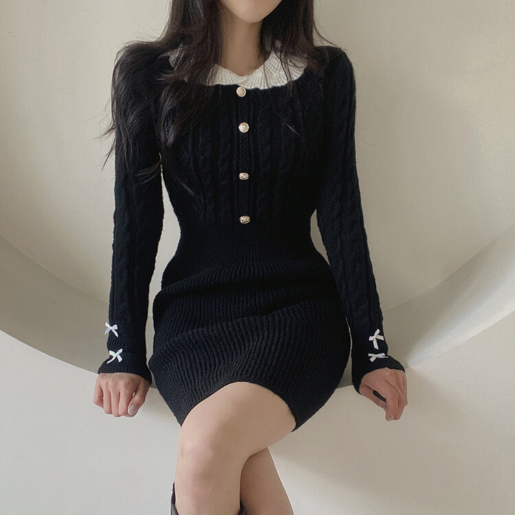 리본 카라 꽈배기 니트 미니원피스 2color 블랙