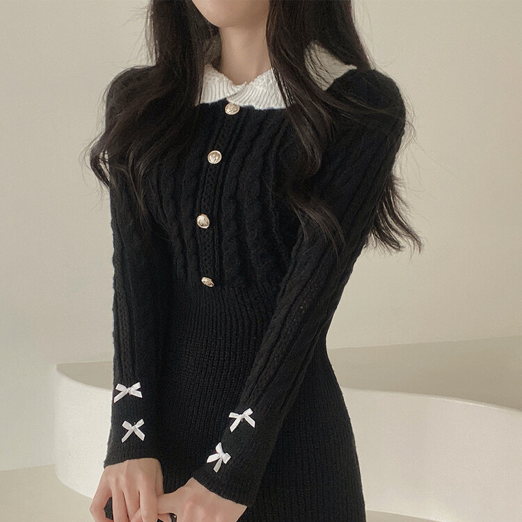 리본 카라 꽈배기 니트 미니원피스 2color 블랙