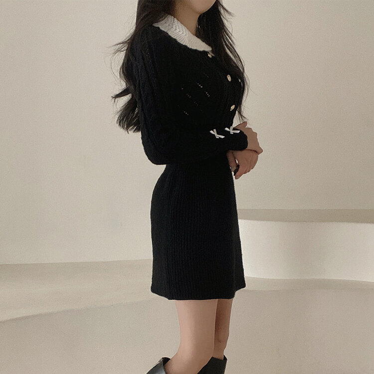 리본 카라 꽈배기 니트 미니원피스 2color 블랙
