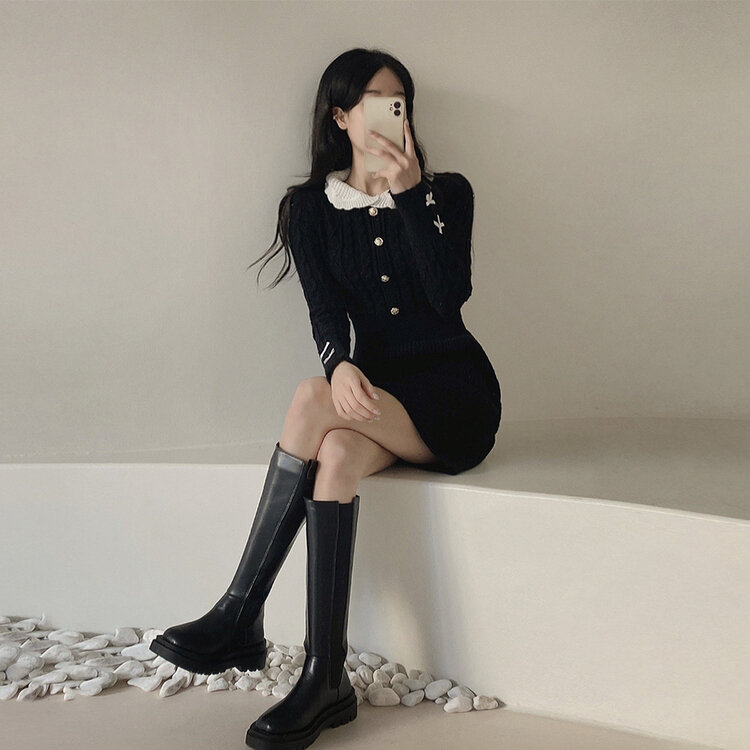 리본 카라 꽈배기 니트 미니원피스 2color 블랙