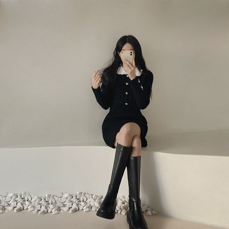 리본 카라 꽈배기 니트 미니원피스 2color 블랙