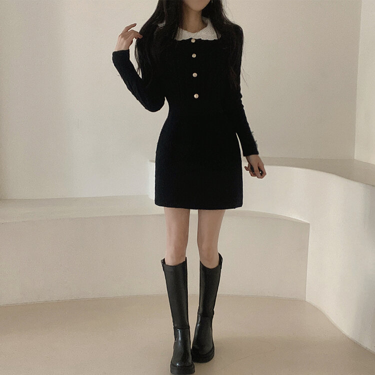 리본 카라 꽈배기 니트 미니원피스 2color 블랙