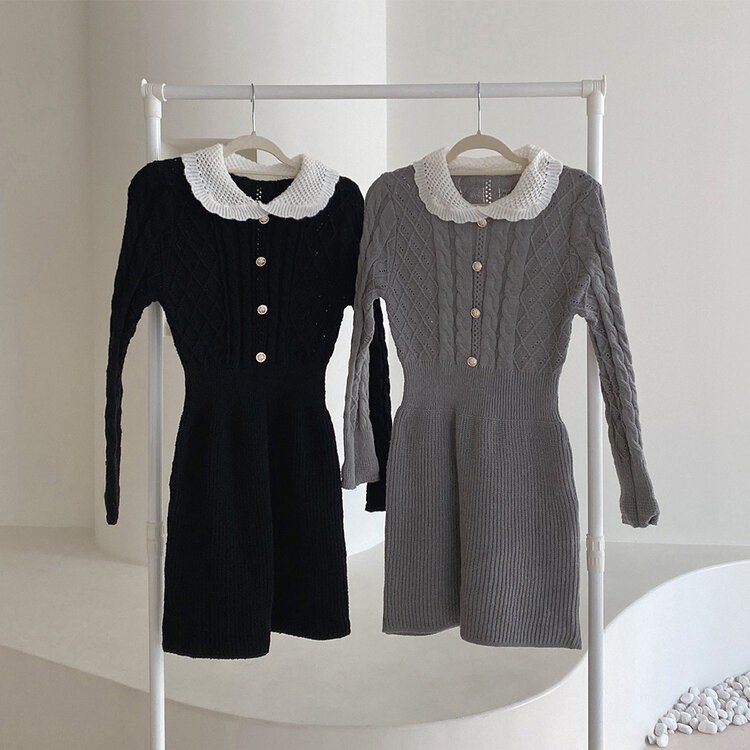 리본 카라 꽈배기 니트 미니원피스 2color