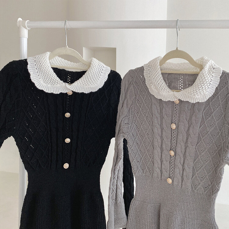 리본 카라 꽈배기 니트 미니원피스 2color