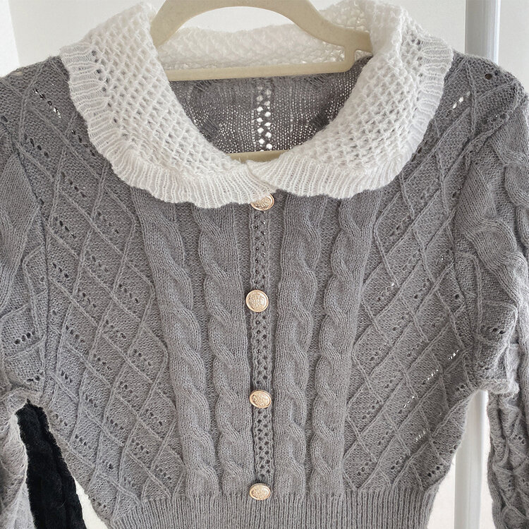 리본 카라 꽈배기 니트 미니원피스 2color