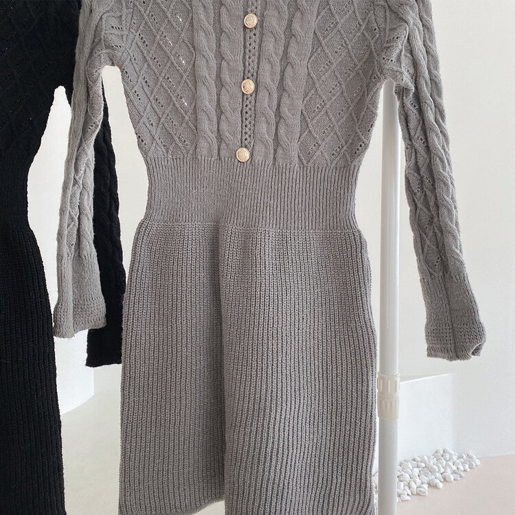 리본 카라 꽈배기 니트 미니원피스 2color