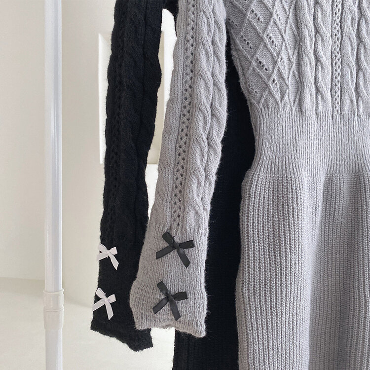 리본 카라 꽈배기 니트 미니원피스 2color