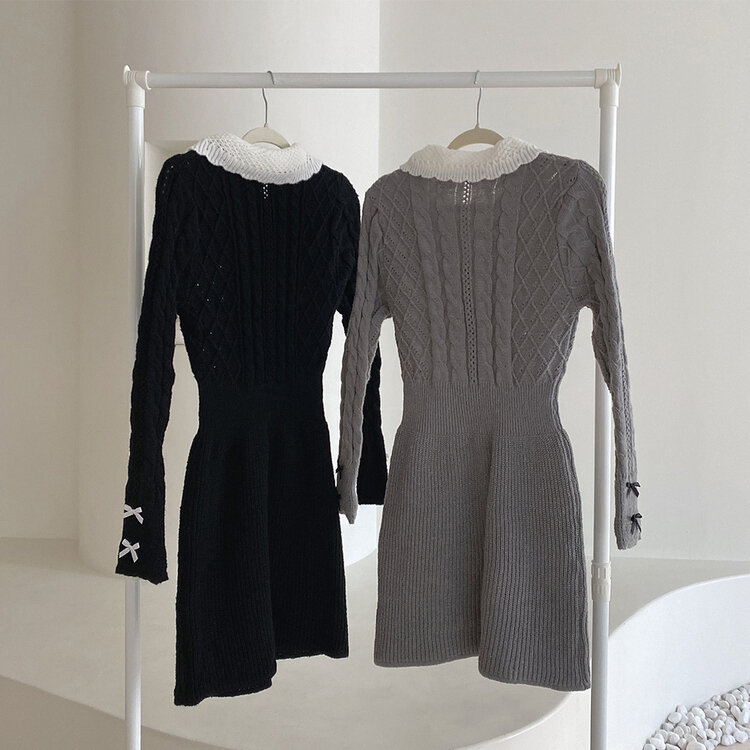 리본 카라 꽈배기 니트 미니원피스 2color