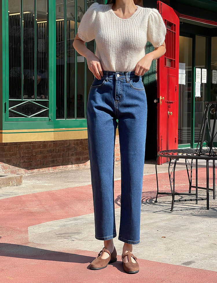 [숏,기본,롱~2XL]슬림 일자 밴딩 데님 팬츠(4color) 딥블루