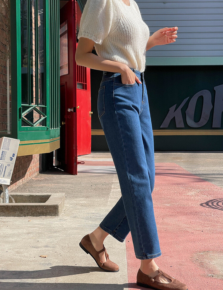 [숏,기본,롱~2XL]슬림 일자 밴딩 데님 팬츠(4color) 딥블루