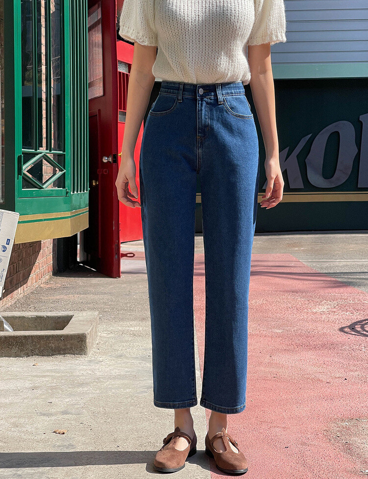 [숏,기본,롱~2XL]슬림 일자 밴딩 데님 팬츠(4color) 딥블루