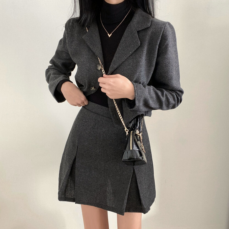 SET]ヘリンボーンクロップジャケット+ミニスカート｜ツーピース｜韓国