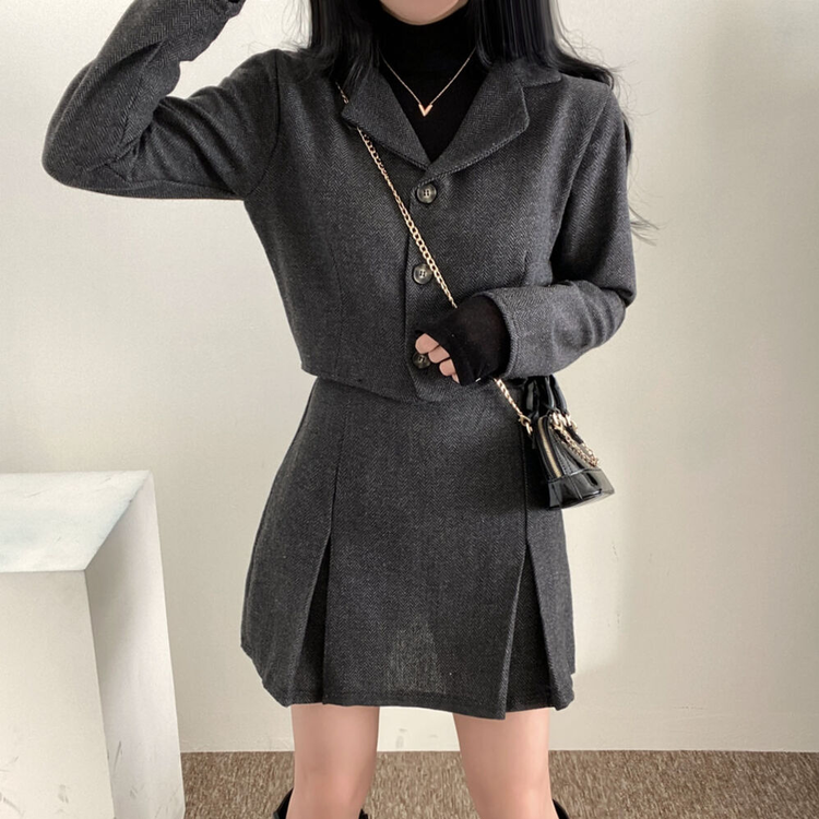SET]ヘリンボーンクロップジャケット+ミニスカート｜ツーピース｜韓国