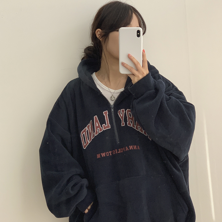 英文レタリングハーフジップアップフリース NAVY