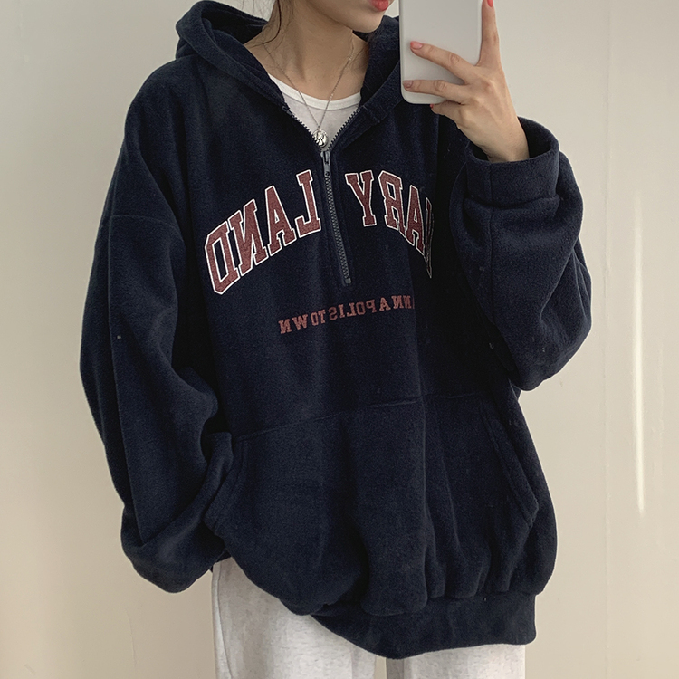 英文レタリングハーフジップアップフリース NAVY