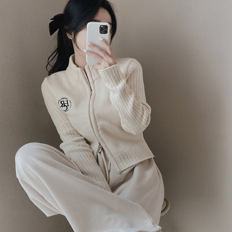 자수 로고 투웨이 니트 집업 3color