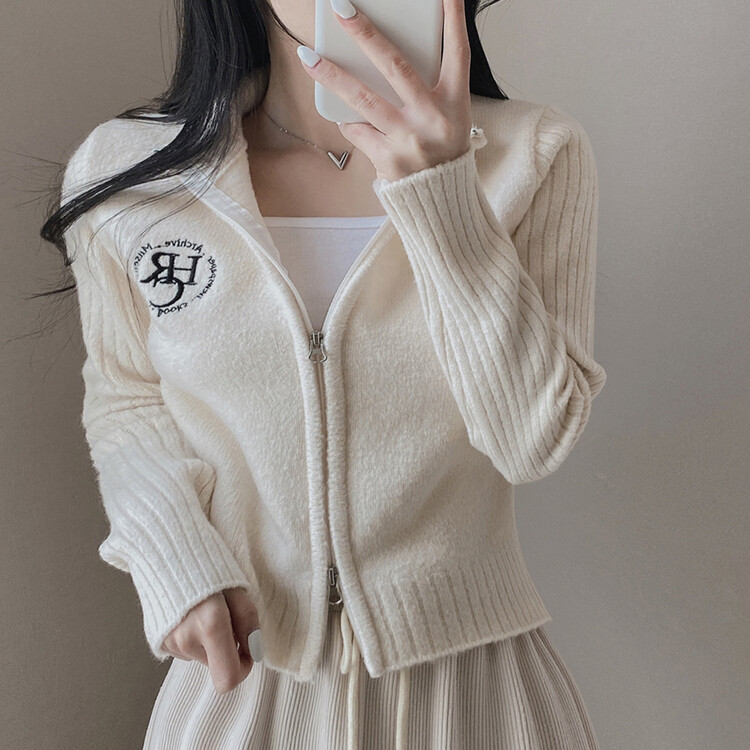 자수 로고 투웨이 니트 집업 3color