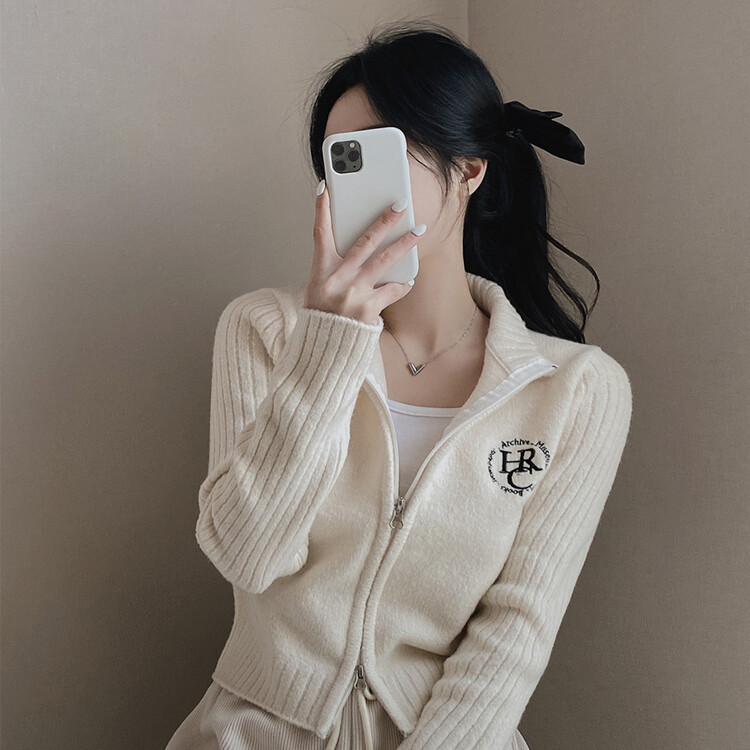 자수 로고 투웨이 니트 집업 3color