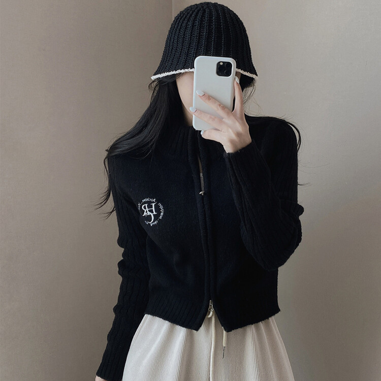 자수 로고 투웨이 니트 집업 3color