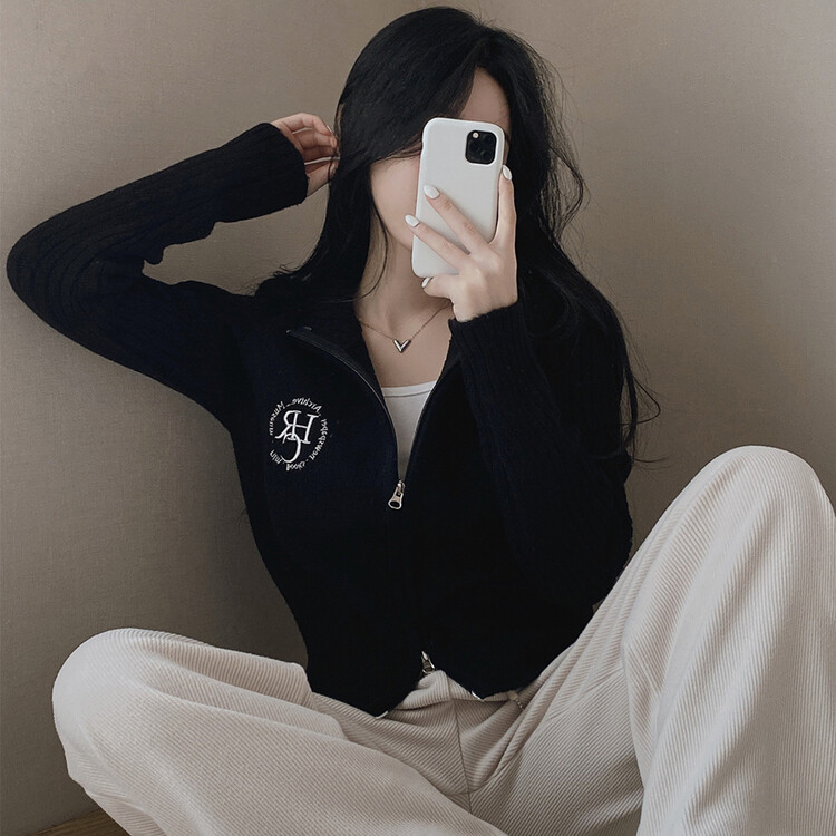 자수 로고 투웨이 니트 집업 3color