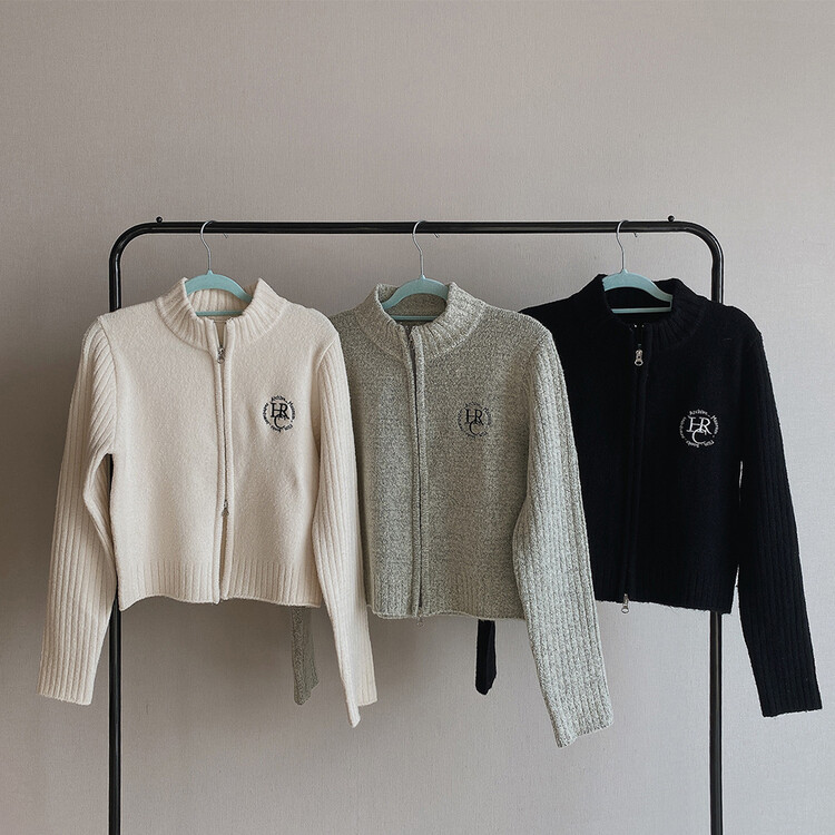 자수 로고 투웨이 니트 집업 3color