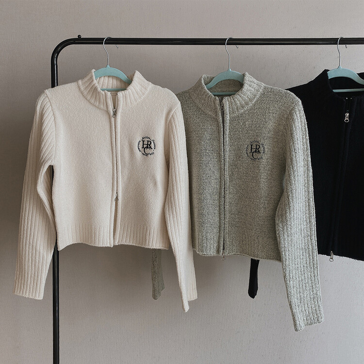 자수 로고 투웨이 니트 집업 3color