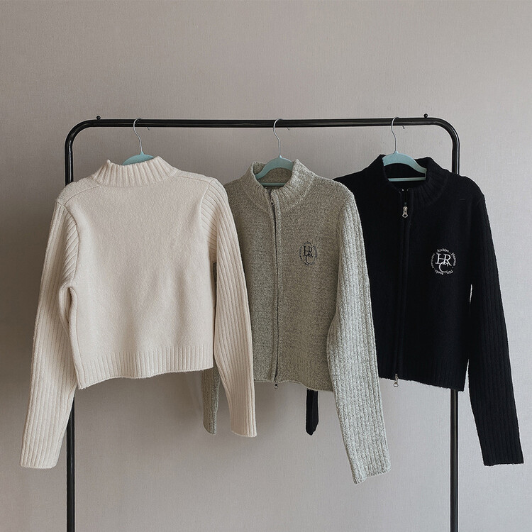 자수 로고 투웨이 니트 집업 3color