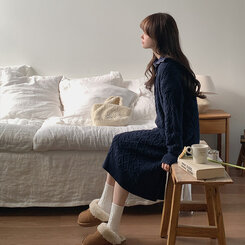 アラン編みハーフZIPUPニットワンピース｜ロングワンピース