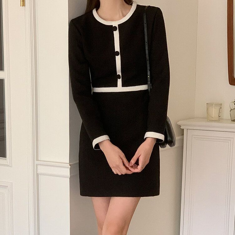 バイカラーツイードワンピース｜ミニワンピース｜韓国ファッション通販
