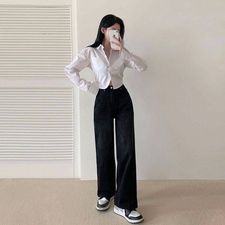 ハイウエストルーズフィットワイドデニムパンツ5色(SHORT/BASIC/LONG) BLUE BLACK