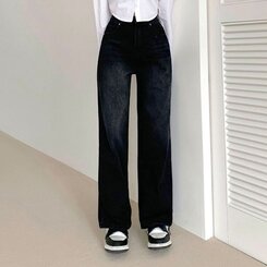 パンツ ハイウエストルーズフィットワイドデニムパンツ5色(SHORT/BASIC/LONG) BLUE BLACK