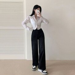 パンツ ハイウエストルーズフィットワイドデニムパンツ5色(SHORT/BASIC/LONG) BLUE BLACK