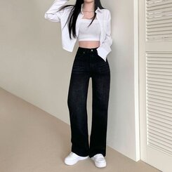 パンツ ハイウエストルーズフィットワイドデニムパンツ5色(SHORT/BASIC/LONG) BLUE BLACK