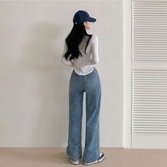 パンツ ハイウエストルーズフィットワイドデニムパンツ5色(SHORT/BASIC/LONG) LIGHT BLUE
