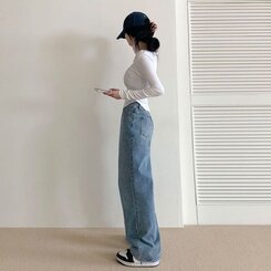パンツ ハイウエストルーズフィットワイドデニムパンツ5色(SHORT/BASIC/LONG) LIGHT BLUE